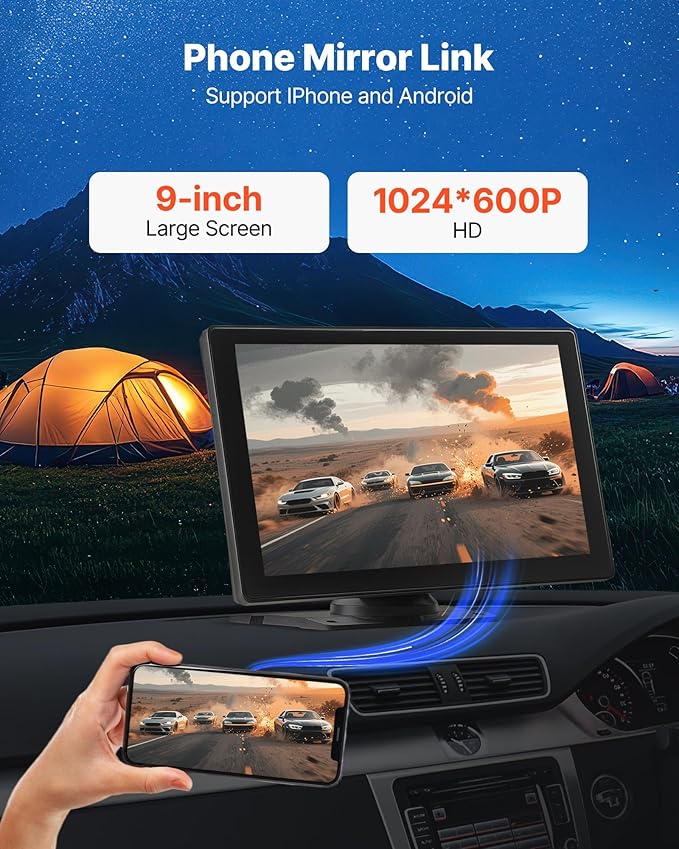 VEVOR Wireless Car Stereo, 9-Inch HD Portable Radio Touch Screen Compatible with Apple CarPlay & Android Auto, CarPlay Screen with Backup Camera, Voice Control, Mirror Link, Bluetooth, GPS Navigation