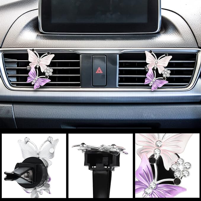 Tallew 22 Pcs Butterfly Car Seat Covers for Women Accessories Steering Wheel Cover Cute Butterfly Air Vent Clip Center Console Pad Cup Holder Seat Belt Pads Keychain for Most Car