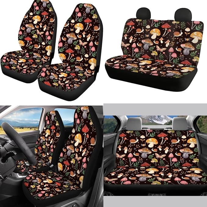 Mumeson Colorful Mushroom Car Accessories Set of 8 Pack Auto Front and Rear Seat Covers with Steering Wheel Cover,Armrest Cushion for Car, Seat Belt Shoulder Pads Set