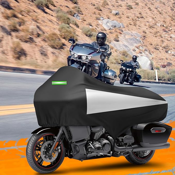 Motorcycle Half Cover with Elastic Hook and Reflective Strip Waterproof Dustproof Sunproof at All Seasons Suitable for Touring Models Road King Street Glide Road Glide and More (Black&Silver)