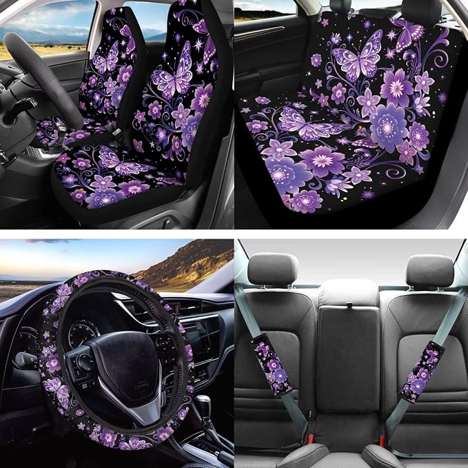 Lotusorchid Butterfly Floral Print Car Accessories Full Set, Washable Car Front Back Seat Covers and Gear Shift Knob Cover, Anti-Dust Steering Wheel Cover and Auto Seat Covers