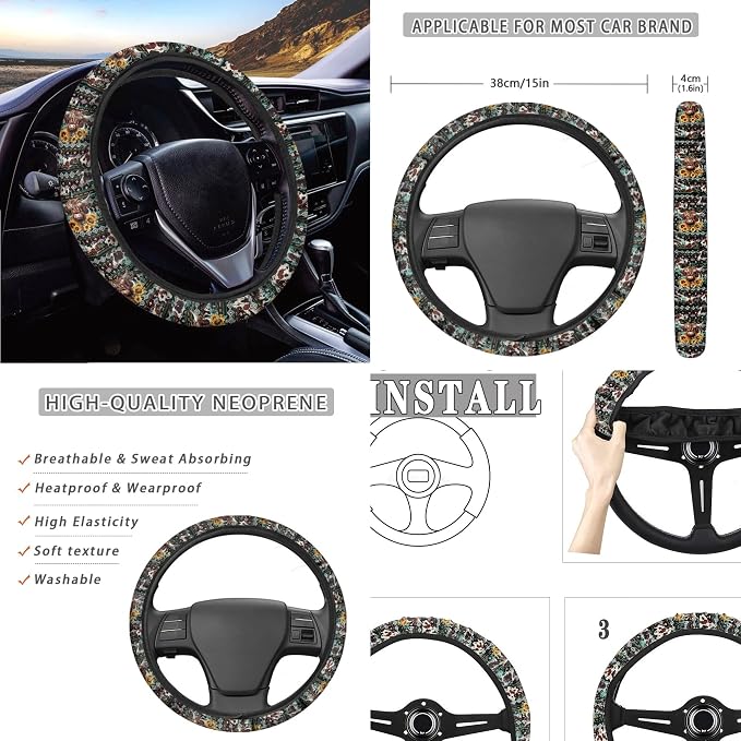 Highland Cow Print Automotive Car Seat Cover Full Set of 9, Breathable Stretchy Car Front Seats Rear Seats Cover with Steering Wheel Cover Seat Belt Pads Universal Car Accessories