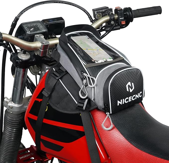 NICECNC Motorcycle Gas Tank Bag Magnetic, 6 Magnets & 5 Straps Reinforced, Detachable Anti-Slip Base Portable, Dirt Bike Tank Bag Storage Bag Muti-Functions for Men Women Cycling Hiking Camping