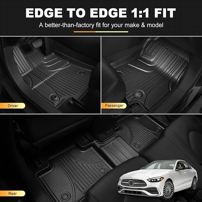 Floor Mats & Cargo Liner for Mercedes-Benz C-Class Sedan 2022-2026 | All Weather Custom Fit Floor Liners & Trunk Mat for C300 C43 AMG C63 AMG, Black
