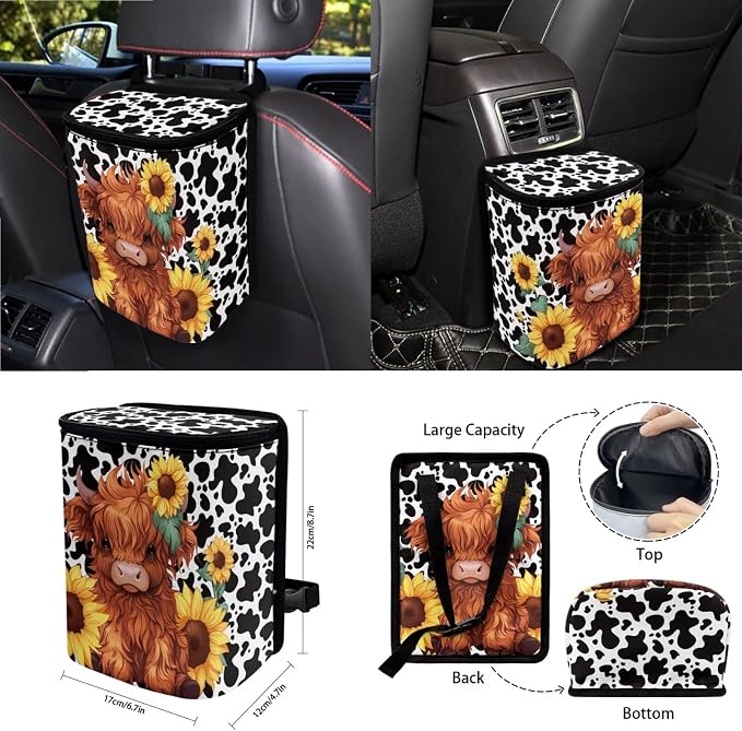 Highland Cattle Cow Sunflower Print 15pcs Car Accessories, Full Set Seat Covers, Streering Wheel Cover, Trash Bin, Seat Belt Pad, Keychain, Air Vent Bag, Coasters, for Most Van SUV Sedan