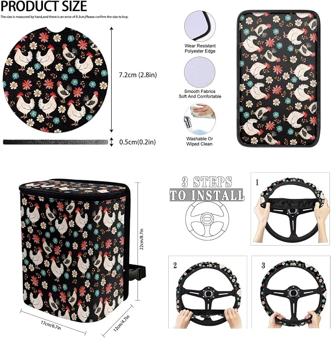 BIGCARJOB Chicken Flower Auto Front Rear Seat Covers Full Set for Women Car Interior Sets 15 Pcs Chicken Print Car Seat Cover Set Satefy Seat Belt Pads Car Seat Head Rest Cover Cup Mats