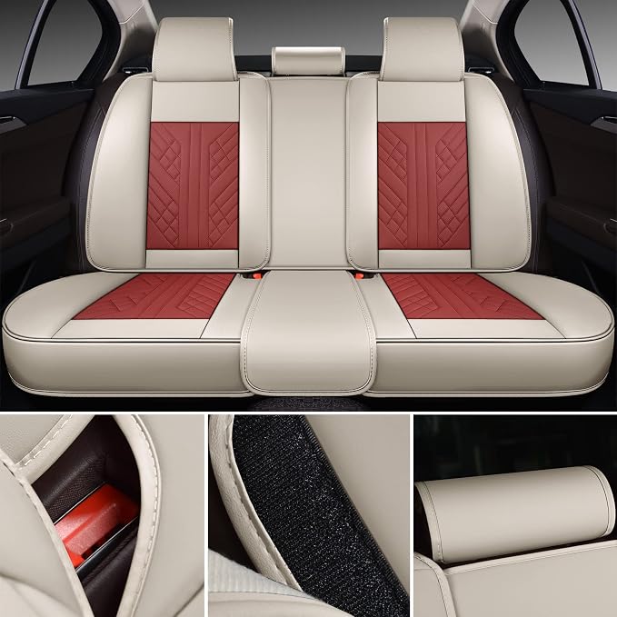GXT Deluxe Faux Leather Full Coverage Car Seat Cover Anti-Slip Universal Fits for Sedans SUV Pick-up Truck with Headrests,Interior Accessories(White and Red)