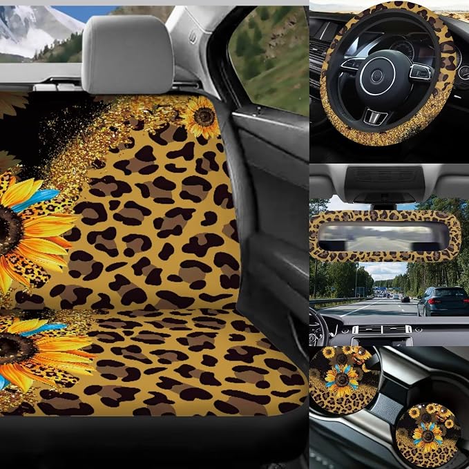 17 Pack Leopard Print Car Seat Covers Full Set for Front and Rear,Sunflower Car Accessories Sets with Women Man with Mirror Cover,Steering Wheel Cover,Auto Trash Can with Lid,Universal Fit