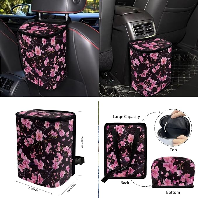 Cherry Blossom Print 10 Pcs Car Seat Covers Full Sets, 1 Steering Wheel Cover, 4 Front Rear Seat Covers, 1 Vehicle Garbage Can, 1 Car Air Vent Storage Bag, 2 Cup Coasters, 1 Keychain