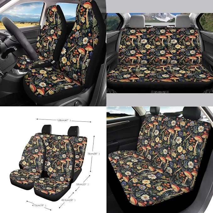 Dragonfly Mushroom Daisy 15Pcs Car Seat Cover Sets Car Steering Wheel Cover Seat Belt Cover Trash Bin Air Vent Storage Box Front Rear View Mirror Car Cup Holder Keychain