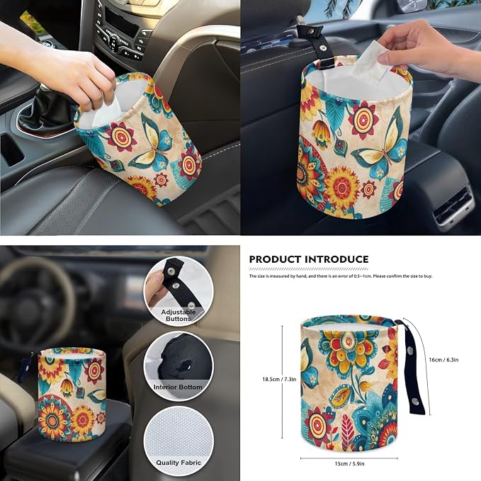 Boho Floral Butterfly 15 PCS Car Seat Cover Set with Auto Steering Wheel Cover Seat Belt Strap Protector Cup Holder Trash Bag Rear View Mirror Protector Keychain