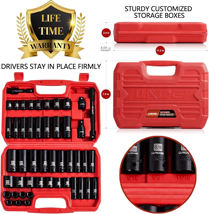 LLNDEI 19PCS 3/8-Inch Drive Extra Long Allen Hex Bit Socket Set &48PCS 3/8" Drive Impact Socket Set