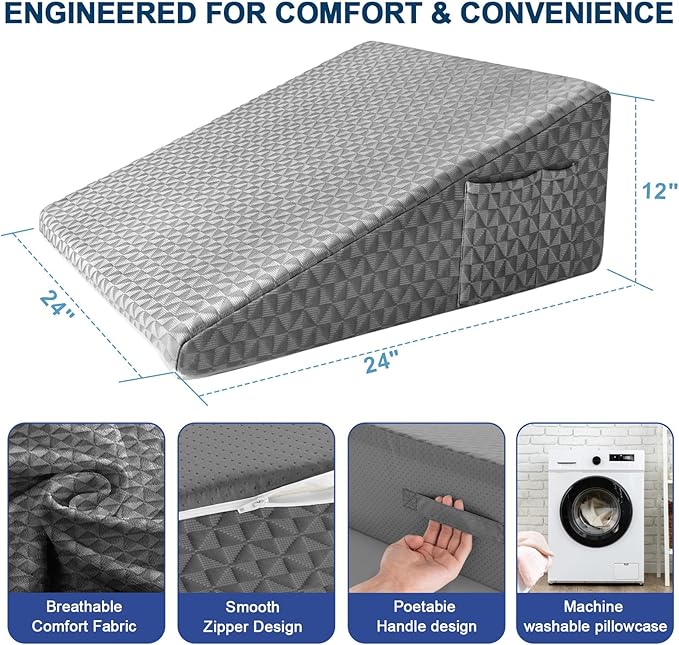 12" Wedge Pillow for Sleeping, Bed Wedge After Surgery, Back Pain Relief, Memory Foam Pillow Triangle Incline Wedge for Back Support, Leg Elevation (Dark Grey)