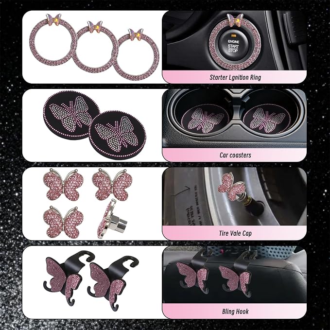 25 Pcs Butterfly Bling Women's Car Accessories Set,Universal 15 Inch Steering Wheel Cover,Bling Butterfly License Plate Frame and Car Coasters(Pink)