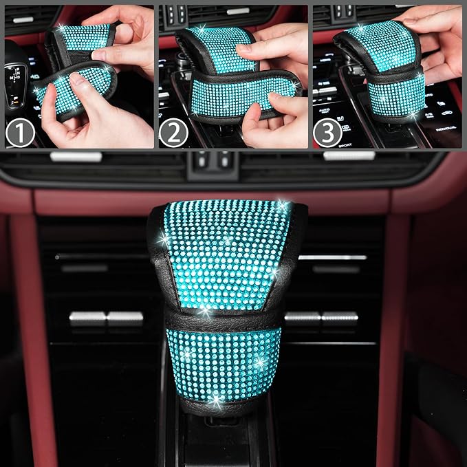 NBTEPEM 12 Pcs Bling Car Accessories Set for Women Car Floor Mats Full Set Steering Wheel Cover Seat Belt Covers Coasters Universal Fit Car SUV Truck Van Aquamarine