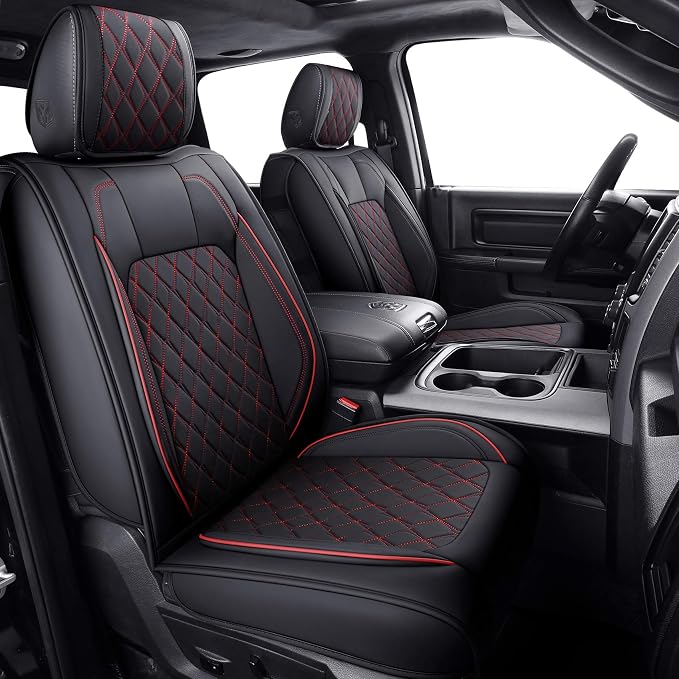 Aierxuan Dodge Ram Front Seat Covers Custom Fit 2009-2026 1500 2500 3500 Crew Quad Regular Cab Truck Pickup Waterproof Leather Airbag Compatible Cushions(2 PCS Front/Black-Red)