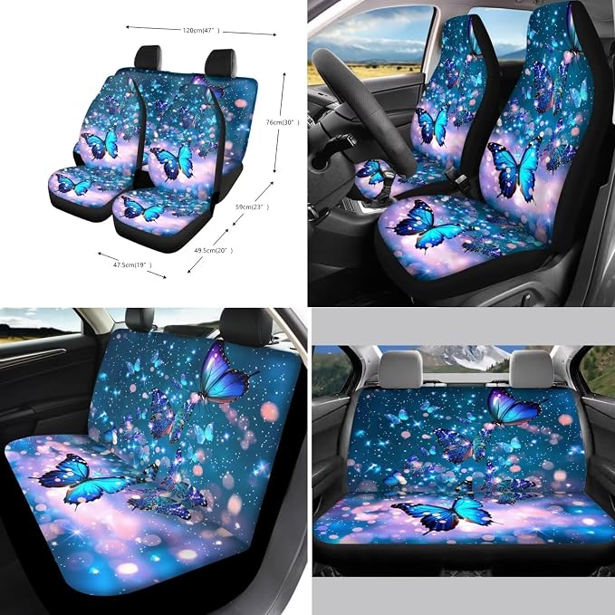 Xoenoiee Blue Sparkling Butterfly Print 11 Pieces Car Accessories Set, Front and Back Car Seat Covers Set, Steering Wheel Cover Car Coasters, Seat Belt Pads, Key Chain for Car Decoration