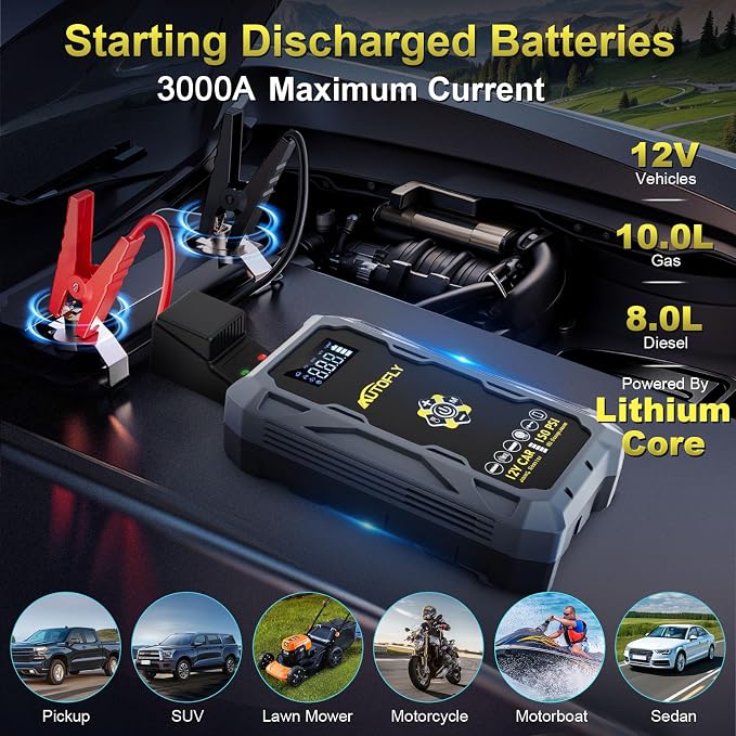 Car Jump Starter with Air Compressor, 3000A Portable Battery Pack with 150PSI Tire Inflator, 37WH DC12V Jump Box for Car Charger Battery Booster with LCD Display (Up 10L Gas/8L Diesel Engine)