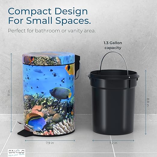 Sanilo Small Bathroom Trash Can with Lid [1.3 Gallon] - Lidded Tiny Trashcan for Garbage - Mini Metal Bin with Soft Closing Mechanism - Bath Room Accessoire Wastebin with Inner Bucket (Ocean)