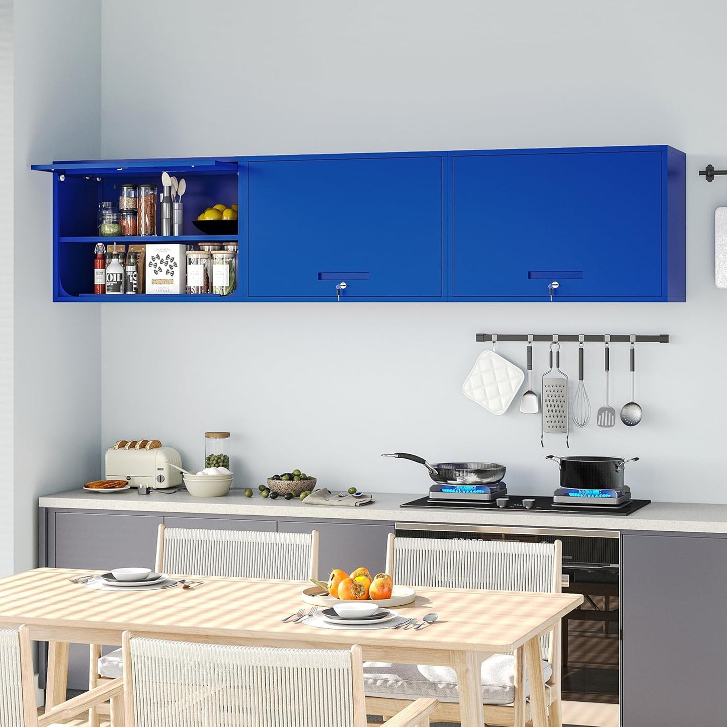 Metal Wall Cabinet with Locking Door and Shelf, Hanging Garage Cabinets with Up-Flip Doors for Garage, Warehouse, Home, Office, Assembly Required (Blue, One Cabinet)