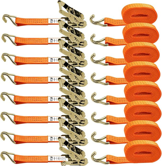 1.5 inch Ratchet Straps Heavy Duty 8 Pack 1-1/2 in x 12ft Cargo Load Tie Down Strap Double J Hook Orange 2200lbs Working Load for Trucks