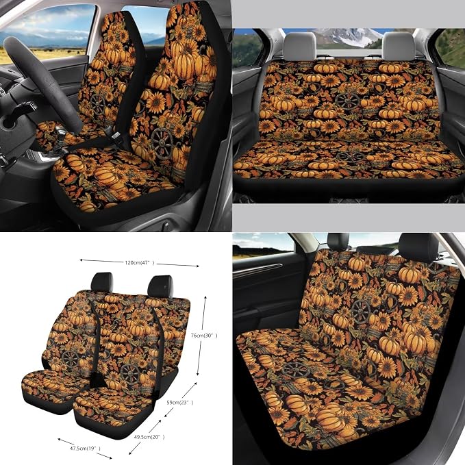 Pumpkin Sunflower Print Car Seat Covers Full Set Thanksgiving Decor Steering Wheel Cover Car Trash Can Keychain Seat Belt Pad Cup Coaster, Set of 15 for Autumn