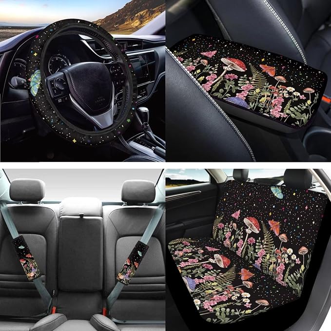 Mumeson Mushrooms Car Front Seat and Rear Bench Covers Car Seat Covers Set with 15 Inches Steering Wheel Cover Shoulder Cushion 15 Inches Steering Wheel Covers Armrest Cushion Pad