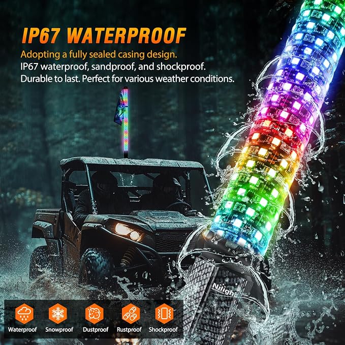 Nilight LED Fat Whip Light 1PC 3FT RGB Lighted Antenna Whips with Remote & App Control DIY Chasing Patterns Brake Reverse Lights for ATV UTV Polaris RZR Can-am Dune Buggy Pickup Trucks Jeep