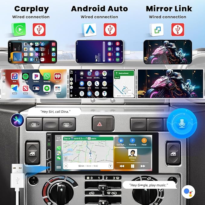 Single Din Car Stereo with Apple CarPlay Andriod Auto Bluetooth-5.0 Handsfree, 6.86" HD Touchscreen,1 Din Car Audio Receivers wtih EQ Mirror Link FM Radio USB Fast Charge,SWC+Backup Cam