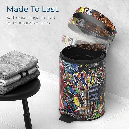 Sanilo Small Bathroom Trash Can with Lid [1.3 Gallon] - Lidded Tiny Trashcan for Garbage - Mini Metal Bin with Soft Closing Mechanism - Bath Room Accessoire Wastebin with Inner Bucket (Graffiti)