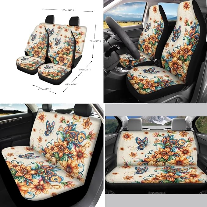 Xoenoiee Butterfly Bohemian Mandala Print 11 Pcs Car Accessories Seat Cover Full Set, Steering Wheel Cover, Front & Rear Seat Cover, Seat Belt Pads, Cup Coaster, Key Chains - Universal Fit
