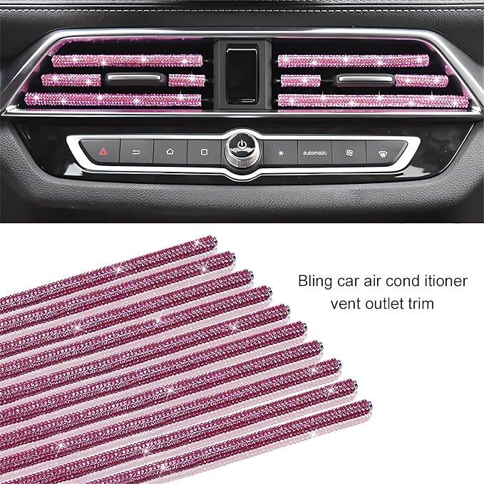 Guoord 33-Piece Bling Car Accessories Set for Women - Rhinestone Steering Wheel Cover, Diamond Door Stickers, Auto Hooks, Vent Outlet Trim, Tire Valve Stem Caps, and Cup Holders (Pink)