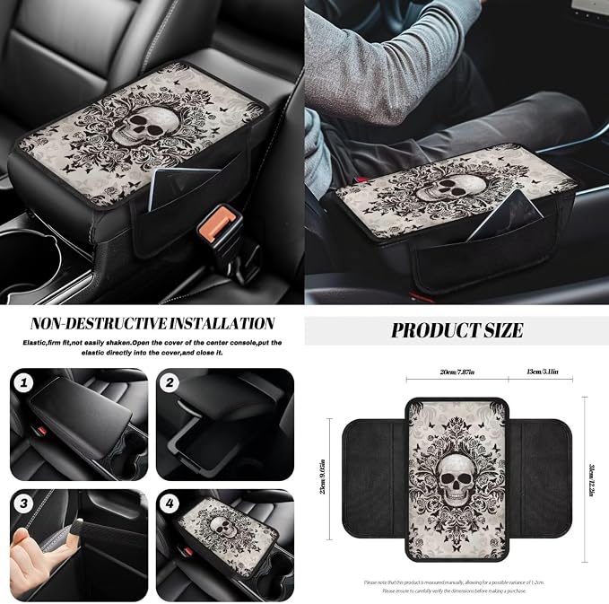 Gothic Skull Print Car Seat Covers Front and Back Full Set with Steering Wheel Cover Armrest Cushion Safety Belt Pads Rearview Mirror Cover for Most Cars, Easy to Install, Brown