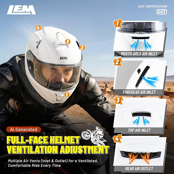 LEM Motorcycle Helmets Full Face for Men, Motorcycle Helmet for Adults, DOT Certified, PINLOCK & DVS Dual Vision, Motorcycle Street Bike Helmet, Bluetooth Speaker Pockets (White X-Small) VZN FP09