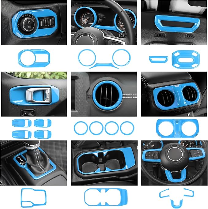 23PCS Full Set Interior Decor Trim Kits Fit for 2018-2023 Jeep Wrangler JL JLU & Gladiator JT 4Door Dashboard Cup Holder Headlight Switch Gear Shift Roof Speaker Map Light Inner Door Bowl Trim