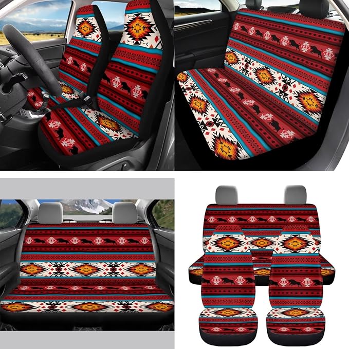 Wolf Tribal Aztec Car Seat Covers Set of 15 with Universal Steering Wheel Cover, Rearview Mirror Cover, Car Trash Can, Seatbelt Pads, Cup Holder Coasters, Keychains