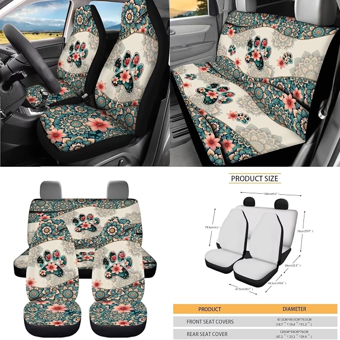 Dreaweet Dog Paw Car Seat Covers Full Set for Women Boho Car Accessories Steering Wheel Cover Seat Belt Pads Coasters Trash Bag Vent Storage Pouch Rear View Mirror Cover Keychain Universal Fit
