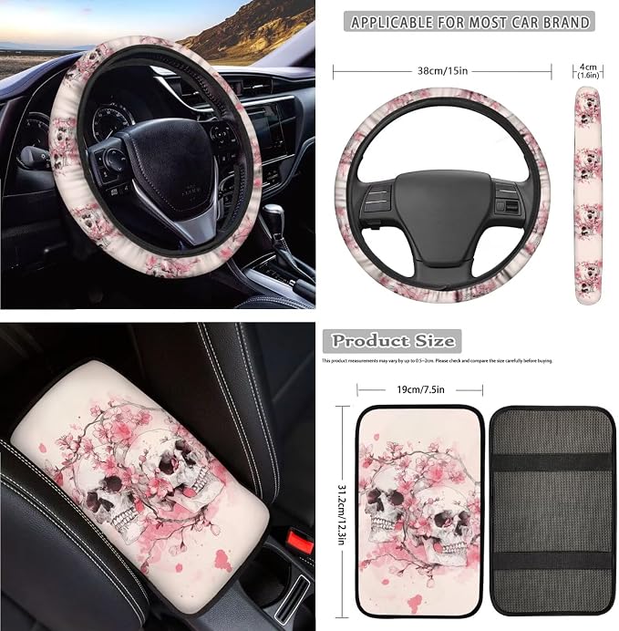 Skull Print Automotive Seat Covers & Accessories Peach Blossom Print Car Front Rear Seat Covers with Steering Wheel Cover Center Console Pad Seatbelt Pads Headrest Protectors