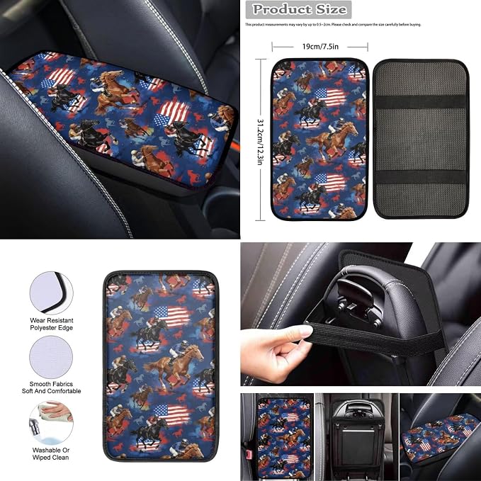 Wanyint Kentucky Horse Racing Car Seat Covers Full Set 12 Pieces, with Steering Wheel Seat Belt Covers Armrest Pad Handbrake Gear Shift Knob Cover Cup Coaster Universal Fit, American Flag Horse Navy
