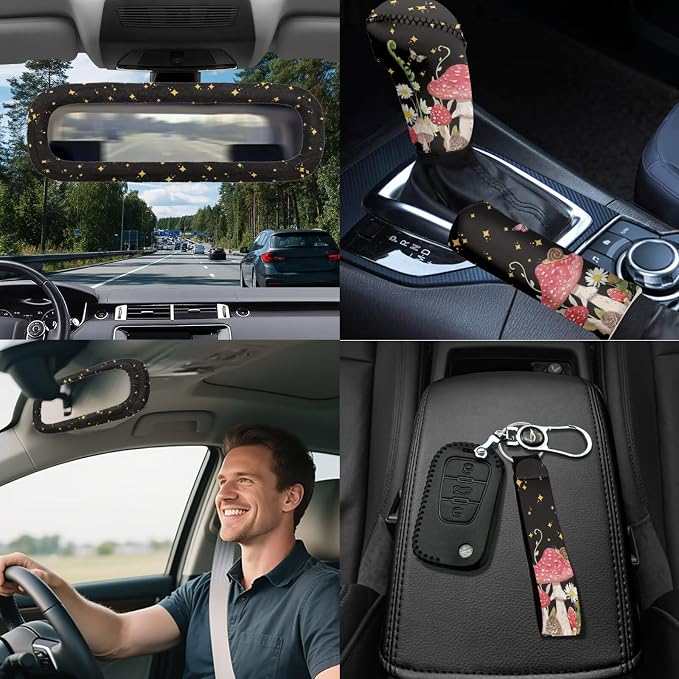 Mushroom Car Interior Accessories Set 18 Pcs Mushroom Print Car Seat Covers Full Set with Car Trash Can Car Headrest Covers Steering Wheel Cover Armrest Box Pad Handbrake Cover Universal