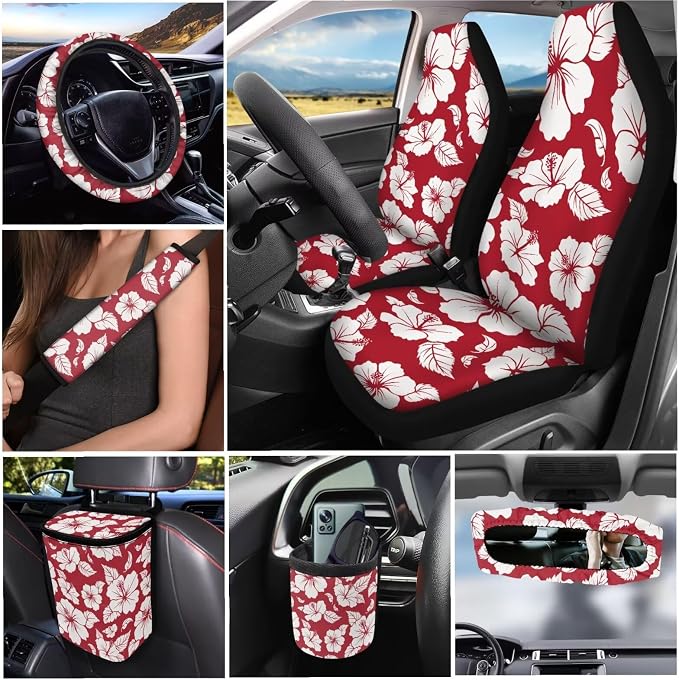 Dreaweet Car Seat Covers Full Set for Women Red Hibiscus Flowers Car Accessories Seat Cover with Steering Wheel Cover Seat Belt Pad Coasters Garbage Bag Air Vent Pouch Rear View Mirror Cover Keychain