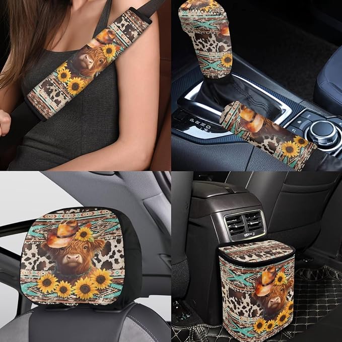 BIGCARJOB Highland Cow Tribal Print Car Seat Covers Set 15 Pieces Seat Headrest Cover Universal Steering Wheel Cover Highland Cow Car Trash Can Hanging Auto Interior Accessories Set