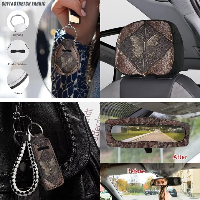 Butterfly Printed Car Seat Covers Full Set Universal Car Interior Accessories Set Included Steering Wheel Cover Seat Belt Pad Armrest Protector Coaster for Auto, Brown