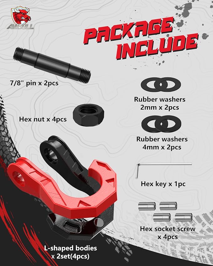 3/4" Easy Open D Ring Separate Shackles (17,600 lbs WLL) with 3/8" G80 S Shaped Tow Hook (11,200 lbs WLL) Off-Road Recovery Kit, Heavy Duty Winch Towing Combo, Black Red