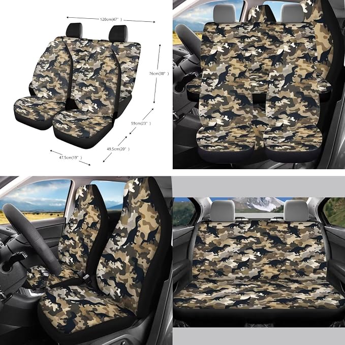 Dinosaur Camo Print 10 Pcs Car Seat Covers Full Sets Scratch-Resistant Car Seat Protector + Steering Wheel Cover + Auto Air Vent Storage Bag + Trash Can + Coaster + Keychain
