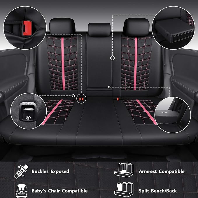 CAR PASS 3D Foam Mesh Leather Car Seat Covers Full Set, Breathable Premium Leather Seat Covers for Car,Anti Slip Universal Fit for Trucks Cars Sedans Vans SUVs, Airbag Compatible, Black Pink