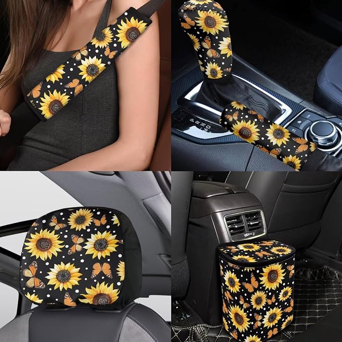 BIGCARJOB Sunflower Car Seat Accessories Full Set 15 Pcs Sunflower Seat Cover for Cars Front and Rear Handbrake Cover,Headrest Pillow Cover,Seat Belt Pads,Universal Fit