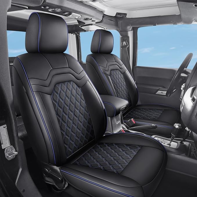Huidasource for Jeep Wrangler JK Front Seat Covers 2007-2017, Breathable 2Pcs Front Seat Protector for Wrangler JK 2 Door/4 Door Sport Rubicon Sahara (Front Pair/Black&Blue)