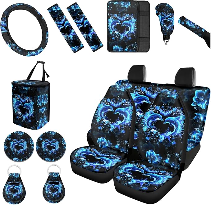 Forchrinse Blue Dolphin Car Seat Covers/Steering Wheel Cover/Armrest Cover/Seatbelt Cover/Car Coaster/Trash Can Universal 15Piece Automotive Set for Men Women