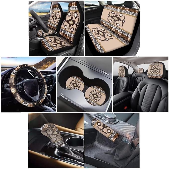 Wanyint Southwestern Aztec Khaki Car Seat Cover Full Set 11 PCS, with Steering Wheel Headrest Handbrake Gear Shift Cover Cup Holders Universal Fit Most Vehicles